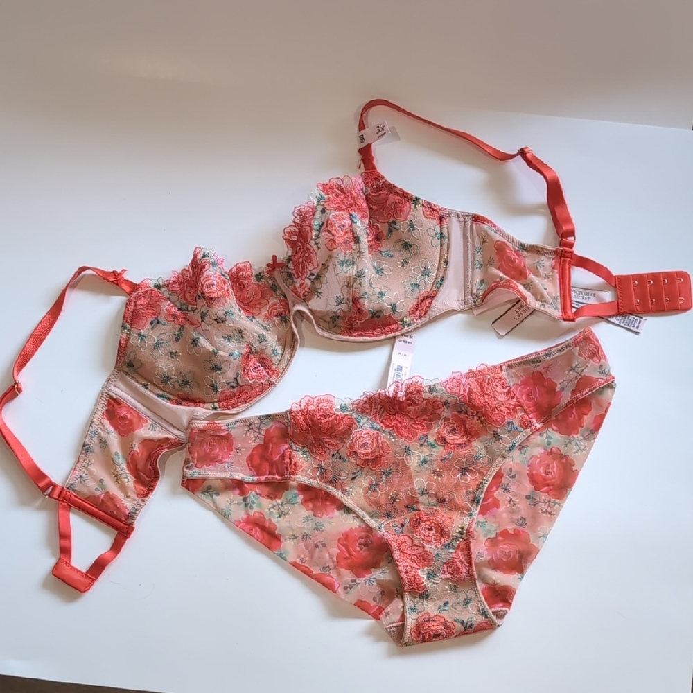 NEW Victoria's Secret VS Dream Angels Red Rose Bra Cheekini Panty Set 36D Medium